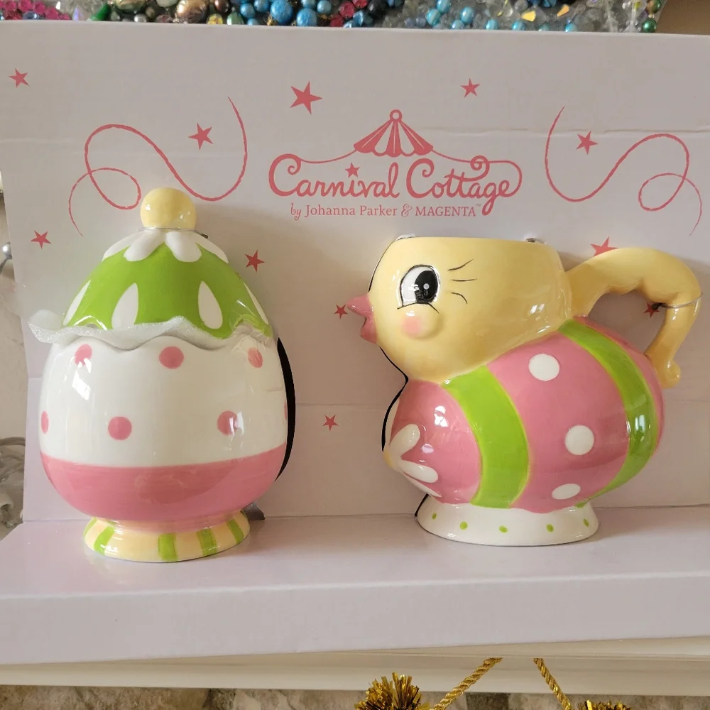 Johanna Parker Carnival Cottage Easter Chick & Egg Cream & Sugar Set~ NIB
